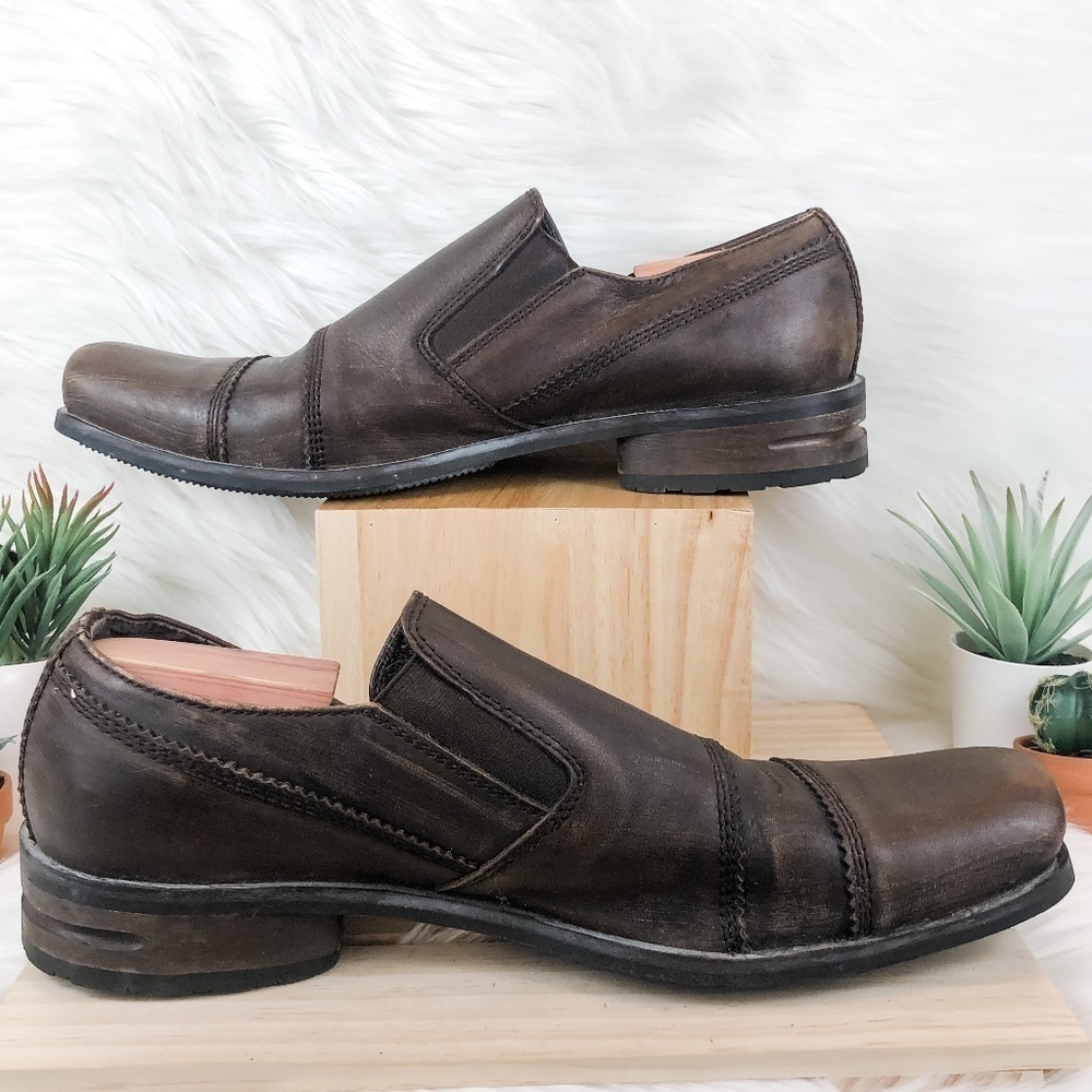 Bronx Burnished‎ Leather Cap Toe Slip Ons Brown